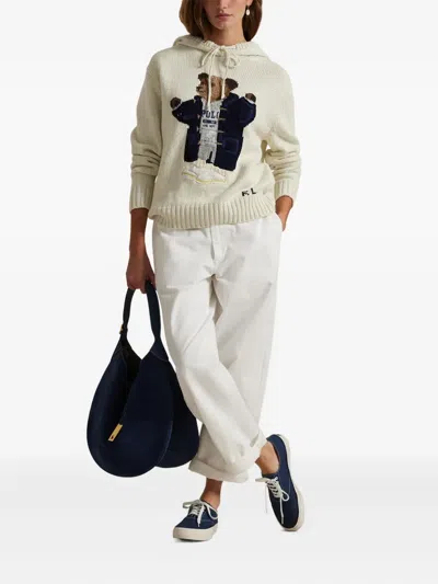 Polo Ralph Lauren Womens Parchment Cream Polo Bear-intarsia Hooded Cotton And Linen-blend Knitted Jumper Xs In White