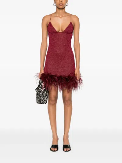 Oseree Oséree Lumière Feather-trimmed Minidress In Burgundy
