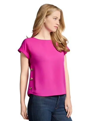 Jones New York Petite Round-neck Side-button Short-sleeve Top In Pink