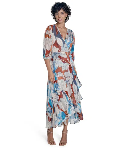 Calvin Klein Women's 3/4-sleeve Chiffon Wrap A-line Dress In Multi