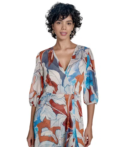 Calvin Klein Women's 3/4-sleeve Chiffon Wrap A-line Dress In Multi