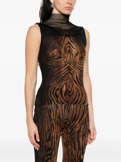 Jean Paul Gaultier Sleeveless Animal Print High Neck Sheer Top
