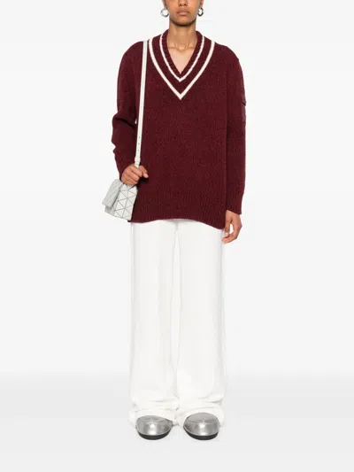 Moncler V-neck Sweater In Burgundy