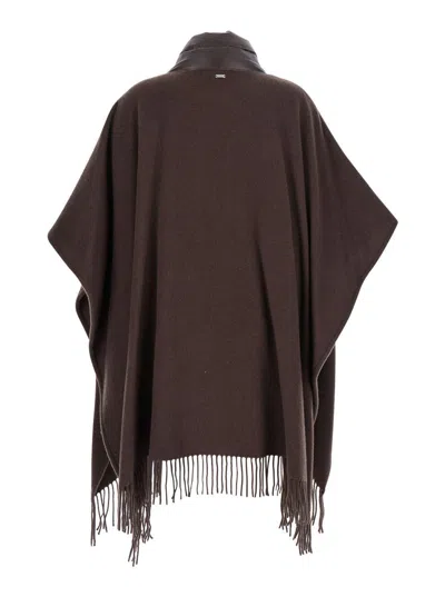 Herno Brown Cape With Drawstring Collar And Fringed Hem In Tech Fabric Woman In Brown