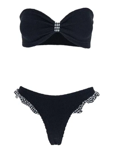 Hunza G Jean Ruffled Gingham-trimmed Seersucker Bandeau Bikini In Black