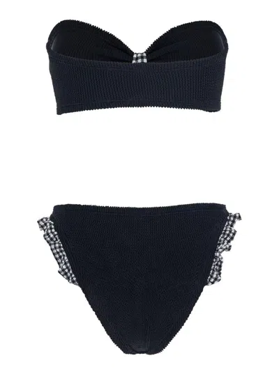 Hunza G Jean Ruffled Gingham-trimmed Seersucker Bandeau Bikini In Black
