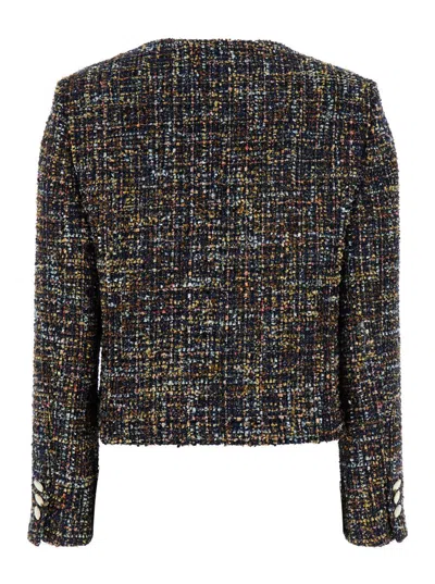 Plain Tweed Multicolor Collarless Jacket In Black