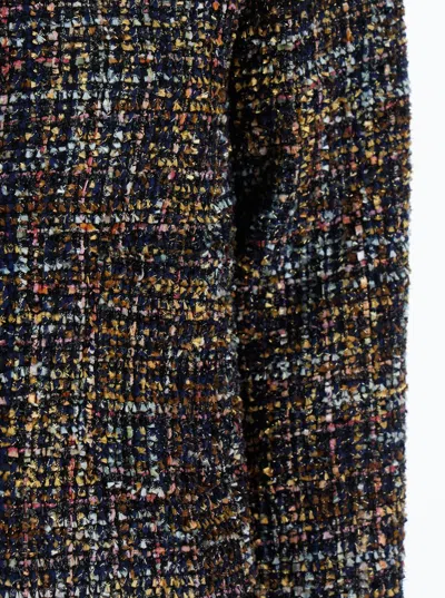 Plain Tweed Multicolor Collarless Jacket In Black