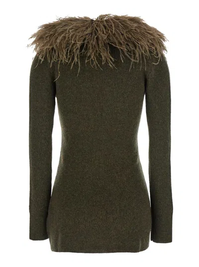 Blumarine Green Cardigan With Removable Feather Collar In Wool Woman In Green