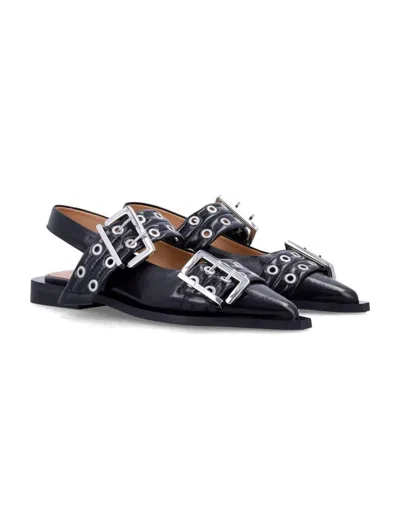 Ganni Pointed Toe Black Ballerinas With Eyelet-accented Buckle Detail In Black
