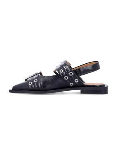Ganni Pointed Toe Black Ballerinas With Eyelet-accented Buckle Detail In Black