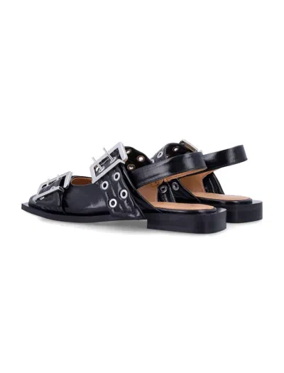 Ganni Pointed Toe Black Ballerinas With Eyelet-accented Buckle Detail In Black