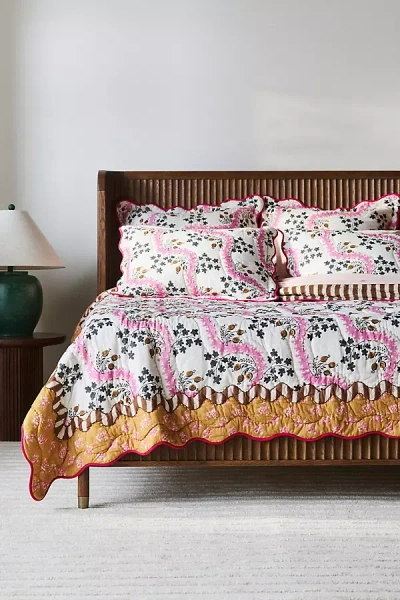 Anthropologie Iluka Cotton Printed Floral Quilt In Pink