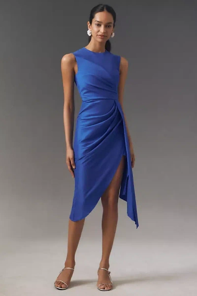 Shoshanna Colony Sleeveless Asymmetrical Draped Taffeta Midi Dress In Blue