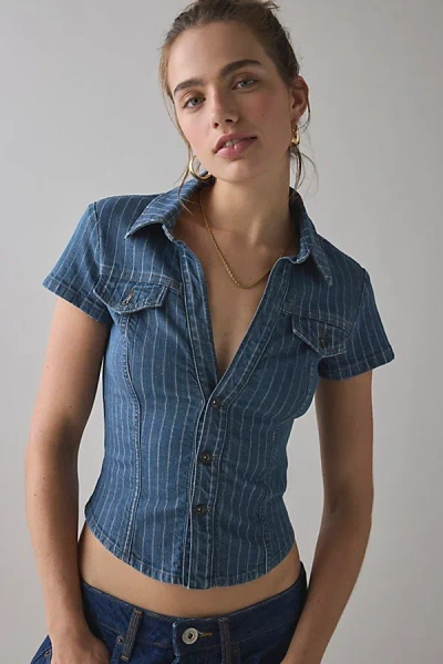 Bdg Polly Denim Slim Short Sleeve Button-up Shirt Top In Railroad Stripe, Women's At Urban Outfitters