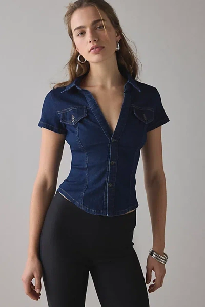 Bdg Polly Denim Slim Short Sleeve Button-up Shirt Top In Denim, Women's At Urban Outfitters