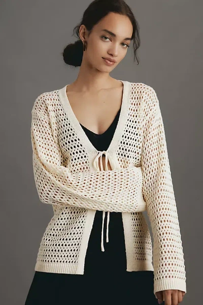 Flat White Long-sleeve Crochet Tunic Top In Neutral