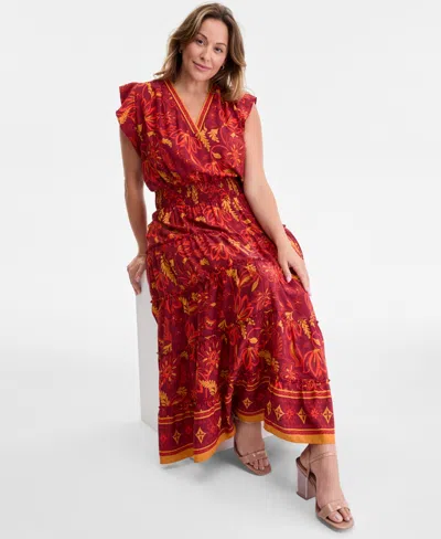 Vince Camuto Plus Size Printed Smocked-waist Flutter-sleeve Maxi Dress