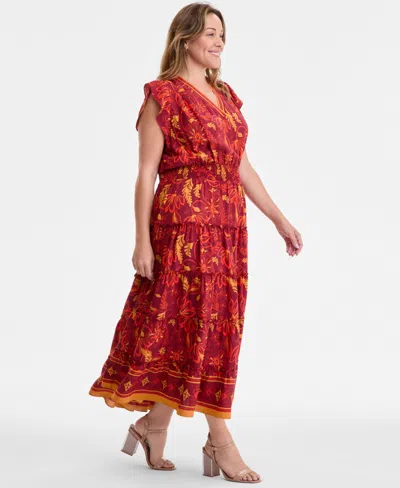 Vince Camuto Plus Size Printed Smocked-waist Flutter-sleeve Maxi Dress