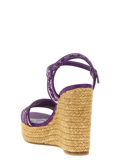 Dolce & Gabbana Violet Wedges With Logo Embroidery On The Front And All-over Majolica Motif In Cotton Blend Woman In Purple