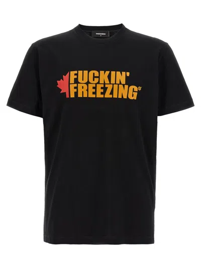 Dsquared2 Black Crewneck T-shirt With Print On The Front And Logo Lettering On The Rear In Cotton Man In Black