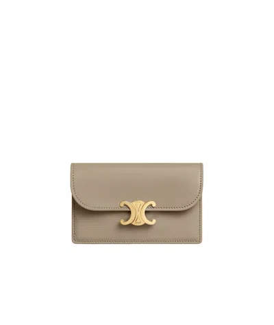 Celine Long Card Holder With Flap Triomphe In Shiny Calfskin In Green