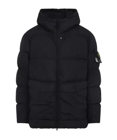 Stone Island Blue Down Jacket With Drawstring Hood And Logo Patch On The Sleeve In Tech Fabric Man In Black