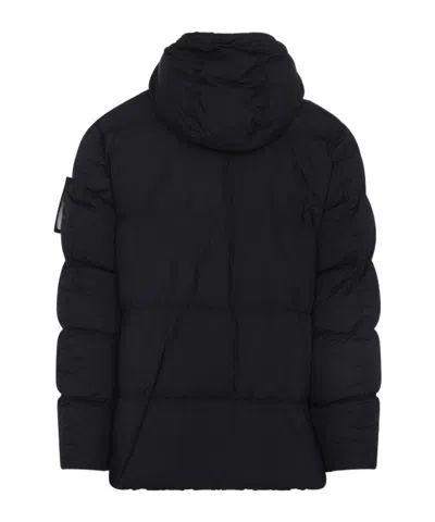 Stone Island Blue Down Jacket With Drawstring Hood And Logo Patch On The Sleeve In Tech Fabric Man In Black