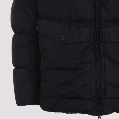Stone Island Blue Down Jacket With Drawstring Hood And Logo Patch On The Sleeve In Tech Fabric Man In Black
