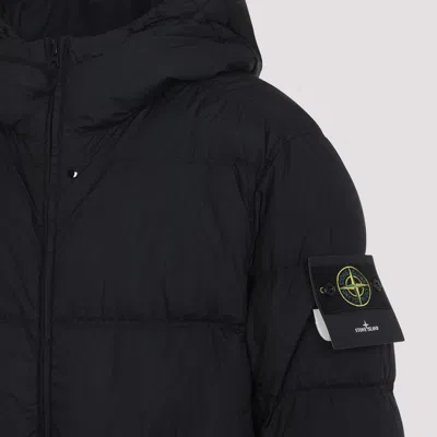 Stone Island Blue Down Jacket With Drawstring Hood And Logo Patch On The Sleeve In Tech Fabric Man In Black