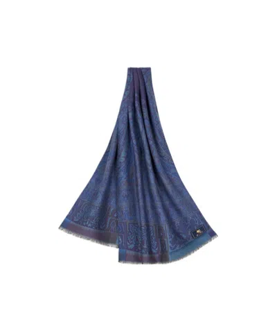 Etro Wool And Silk Jacquard Scarf In Blue