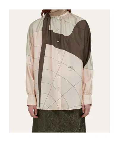 Ferragamo Silk Shirt With Sash In Brown