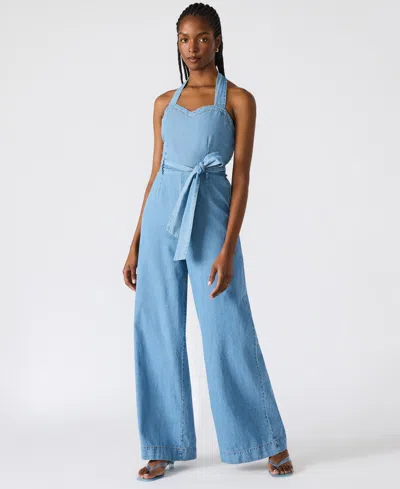 Steve Madden Artie Halter Neck Denim Jumpsuit In Blue
