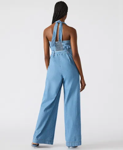 Steve Madden Artie Halter Neck Denim Jumpsuit In Blue