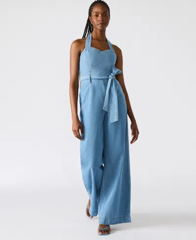 Steve Madden Artie Halter Neck Denim Jumpsuit In Blue