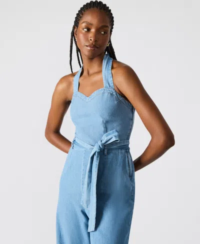 Steve Madden Artie Halter Neck Denim Jumpsuit In Blue
