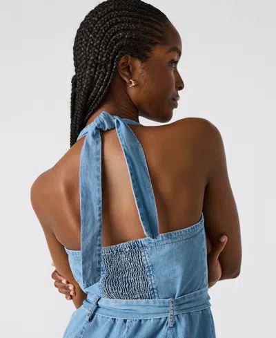 Steve Madden Artie Halter Neck Denim Jumpsuit In Blue
