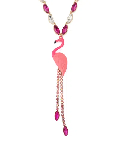 Betsey Johnson Faux Stone Backyard Flamingo Adjustable Y-necklace In Gold