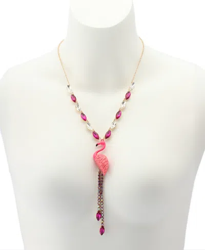 Betsey Johnson Faux Stone Backyard Flamingo Adjustable Y-necklace In Gold