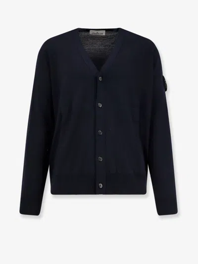 Stone Island Wool Cardigan With Ribbed Profiles And Pockets In Blue