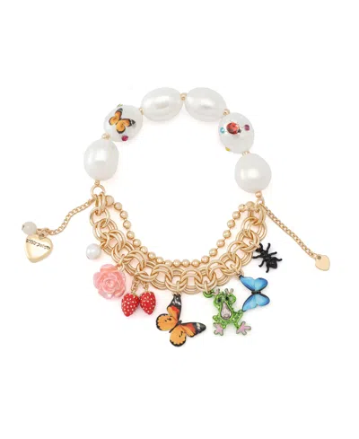 Betsey Johnson Faux Stone Backyard Butterfly Mixed Charm Pearl Stretch Bracelet In Gold