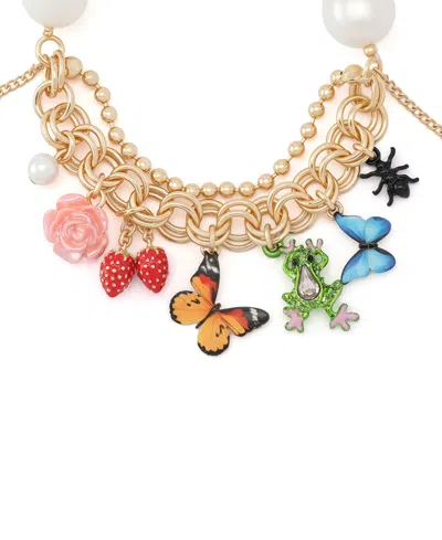 Betsey Johnson Faux Stone Backyard Butterfly Mixed Charm Pearl Stretch Bracelet In Gold