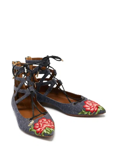 Pre-owned Aquazzura  Embroidered Denim Flat Pumps
