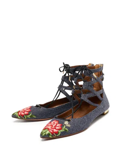 Pre-owned Aquazzura  Embroidered Denim Flat Pumps