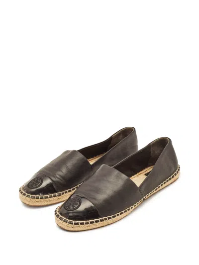 Pre-owned Tory Burch  Logo-embroidered Leather Espadrilles In Black