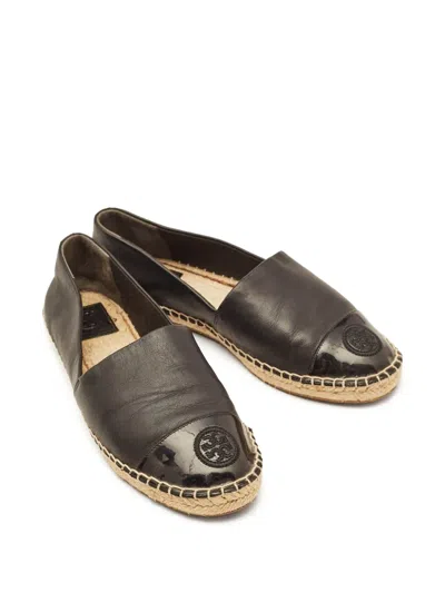 Pre-owned Tory Burch  Logo-embroidered Leather Espadrilles In Black