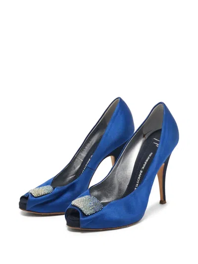 Pre-owned Giuseppe Zanotti Vintage  110mm Satin Peep-toe Pumps In Blue