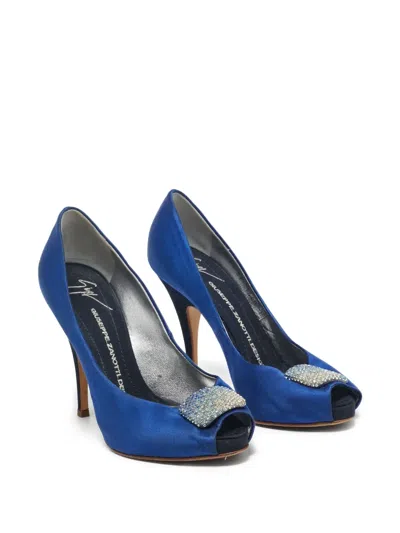 Pre-owned Giuseppe Zanotti Vintage  110mm Satin Peep-toe Pumps In Blue
