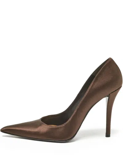 Pre-owned Stuart Weitzman  110mm Pointed-toe Satin Pumps In Brown