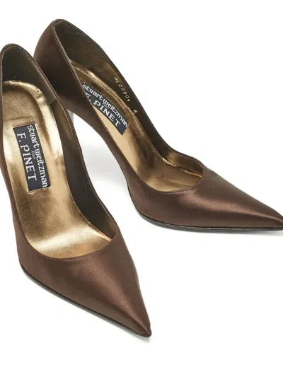 Pre-owned Stuart Weitzman  110mm Pointed-toe Satin Pumps In Brown